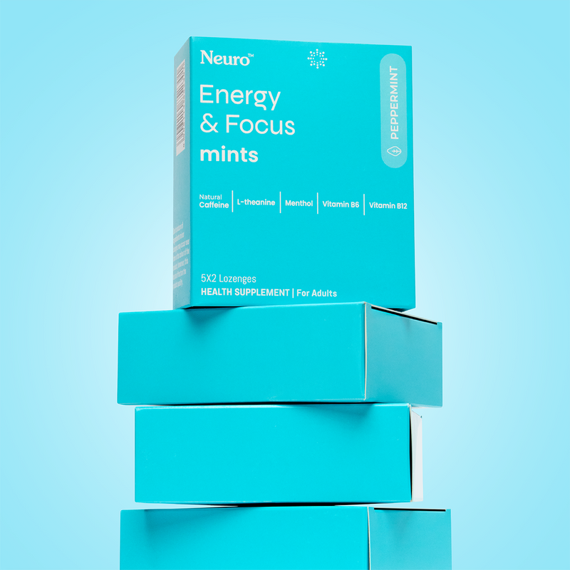 Neuro Energy & Focus Mints peppermint pack stacked on boxes, 5x2 lozenges