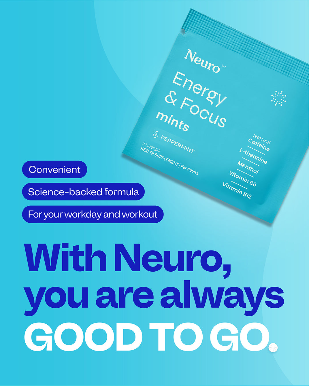 Neuro Energy & Focus Mints peppermint pack with science-backed formula callouts