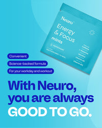 Neuro Energy & Focus Mints peppermint pack with science-backed formula callouts