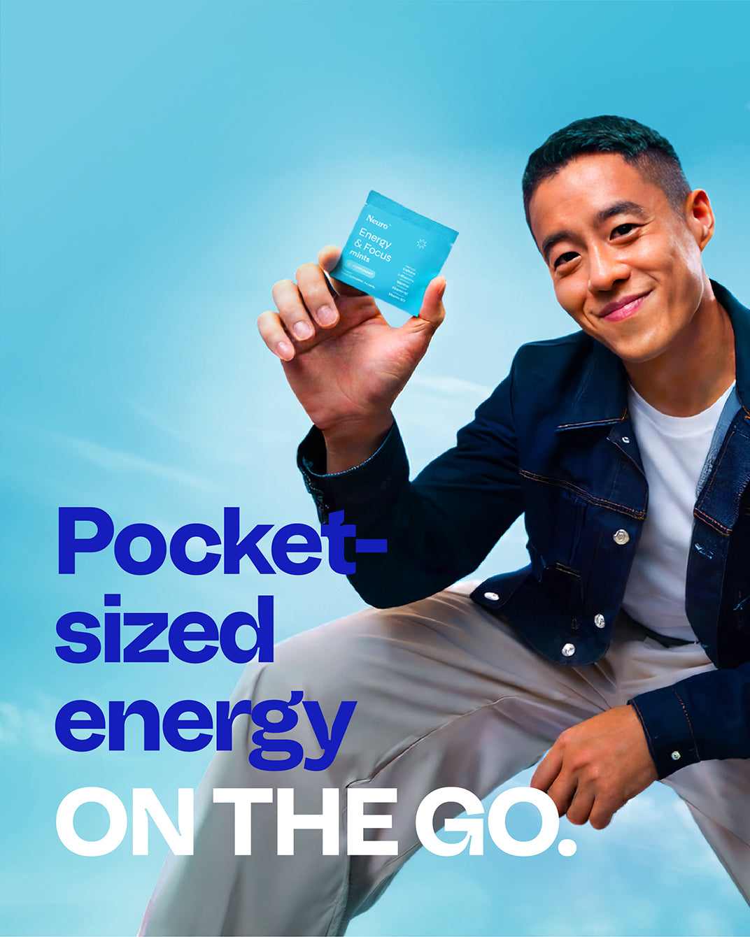 Person holding Neuro Energy & Focus Mints sachet with text: Pocket-sized energy on the go