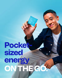 Person holding Neuro Energy & Focus Mints sachet with text: Pocket-sized energy on the go