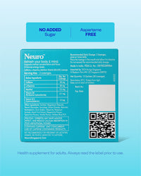 Neuro Energy & Focus Mints nutrition label with no added sugar and aspartame free callouts
